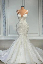 Elegant Strapless Sleeveless Mermaid Satin Floor-Length Wedding Dresses with Lace by misshow.com