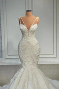 Elegant Strapless Sleeveless Mermaid Satin Floor-Length Wedding Dresses with Lace by misshow.com