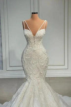 Elegant Strapless Sleeveless Mermaid Satin Floor-Length Wedding Dresses with Lace by misshow.com