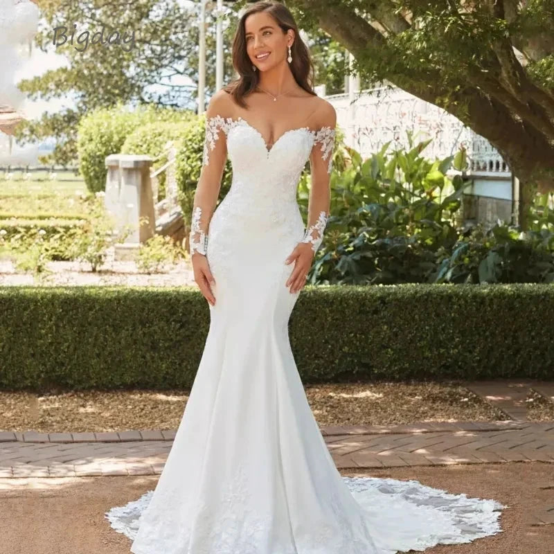 Elegant Sweetheart Mermaid Wedding Dress 2023 White Long Sleeve Open Back Lace Applique Bridal Gown Sweep Train Vestido De Novia by payinti