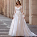 Elegant V-Neck Wedding Dresses Plus Size Lace Long Sleeve Women White Open Back Tulle Bridal Gown Sweep Train Vestidos De Novia by payinti