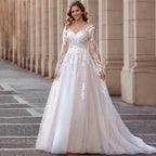 Elegant V-Neck Wedding Dresses Plus Size Lace Long Sleeve Women White Open Back Tulle Bridal Gown Sweep Train Vestidos De Novia by payinti