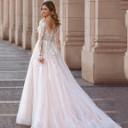 Elegant V-Neck Wedding Dresses Plus Size Lace Long Sleeve Women White Open Back Tulle Bridal Gown Sweep Train Vestidos De Novia by payinti