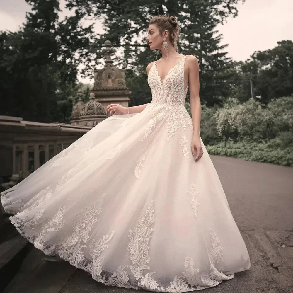 Elegant Wedding Dresses For Woman Popular Summer A-line V-Neck Sleeveless Appliques Open Back Vestidos De Novia by payinti