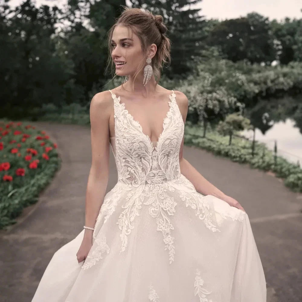 Elegant Wedding Dresses For Woman Popular Summer A-line V-Neck Sleeveless Appliques Open Back Vestidos De Novia by payinti