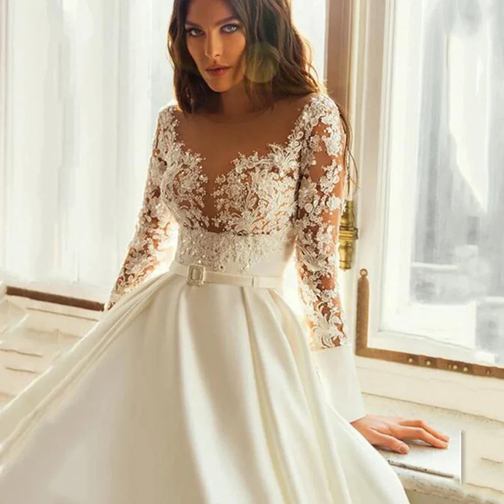 Elegant Wedding Dresses Long Sleeves For Women Princess A Line Bridal Gowns Custom Made Lace Appliques Satin Robe De Mariee