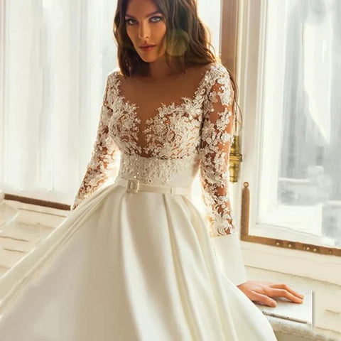 Elegant Wedding Dresses Long Sleeves For Women Princess A Line Bridal Gowns Custom Made Lace Appliques Satin Robe De Mariee