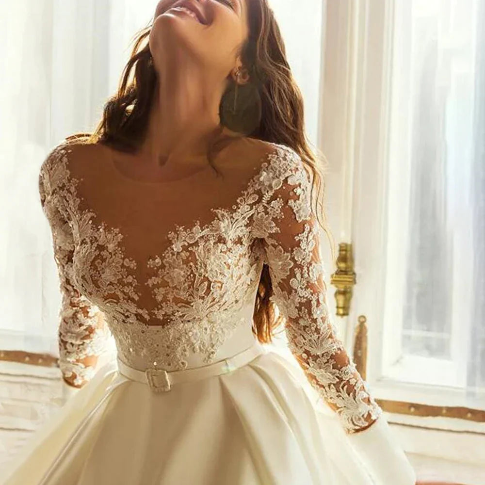 Elegant Wedding Dresses Long Sleeves For Women Princess A Line Bridal Gowns Custom Made Lace Appliques Satin Robe De Mariee