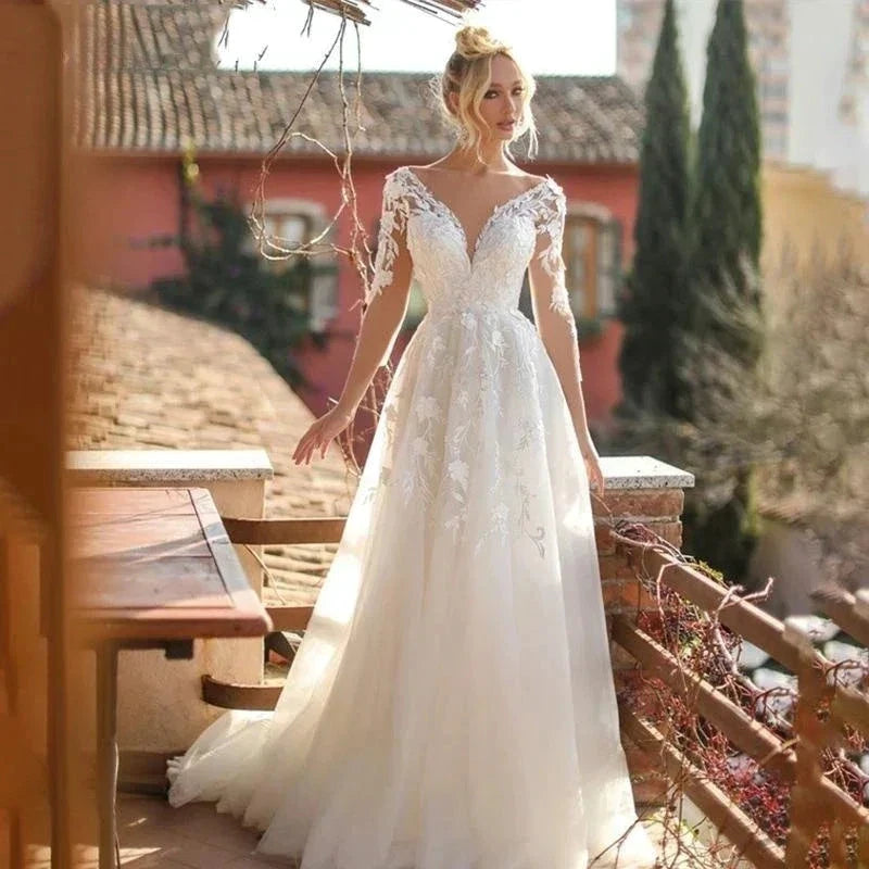 Elegant Wedding Dresses V-Neck Long Sleeves Lace Appliques Vestido De Noiva Backless Tulle Vestidos De Novia by payinti