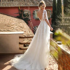 Elegant Wedding Dresses V-Neck Long Sleeves Lace Appliques Vestido De Noiva Backless Tulle Vestidos De Novia by payinti