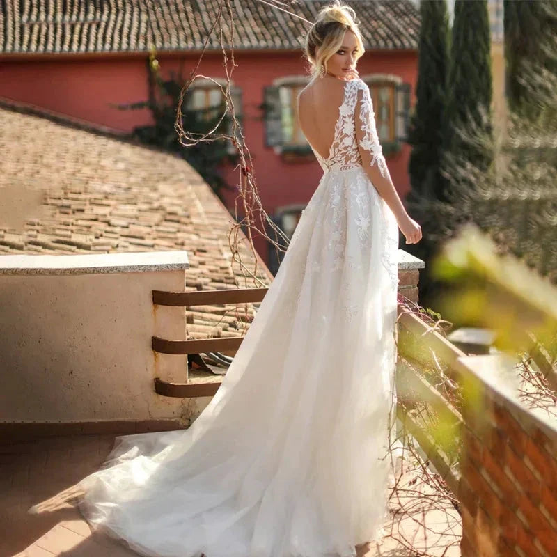 Elegant Wedding Dresses V-Neck Long Sleeves Lace Appliques Vestido De Noiva Backless Tulle Vestidos De Novia by payinti