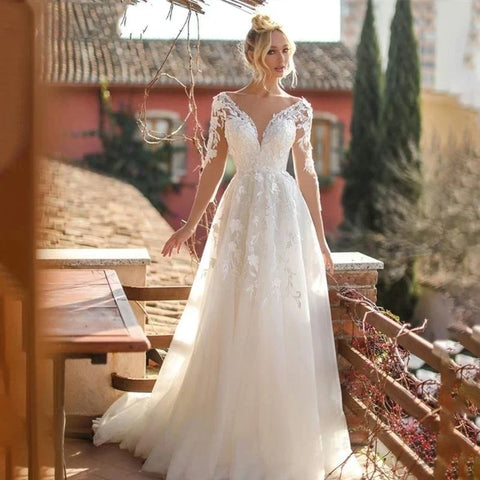 Elegant Wedding Dresses V-Neck Long Sleeves Lace Appliques Vestido De Noiva Backless Tulle Vestidos De Novia