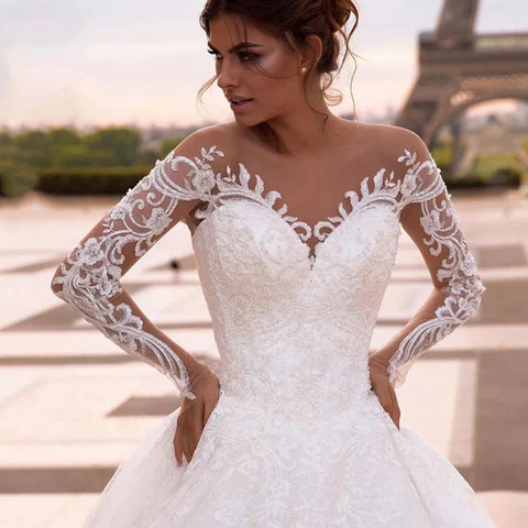 Elegant Wedding Dresses With Embroidery Princess Ball Gowns Sweetheart Full Sleeve Simplicity Back Button Vestido De Novia Robe