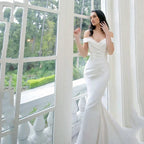 Elegant White Satin Gown with Off the Shoulder Pleated Mermaid Sweep Train Floor-Length Evening Gown for Women vestidos de novia by payinti