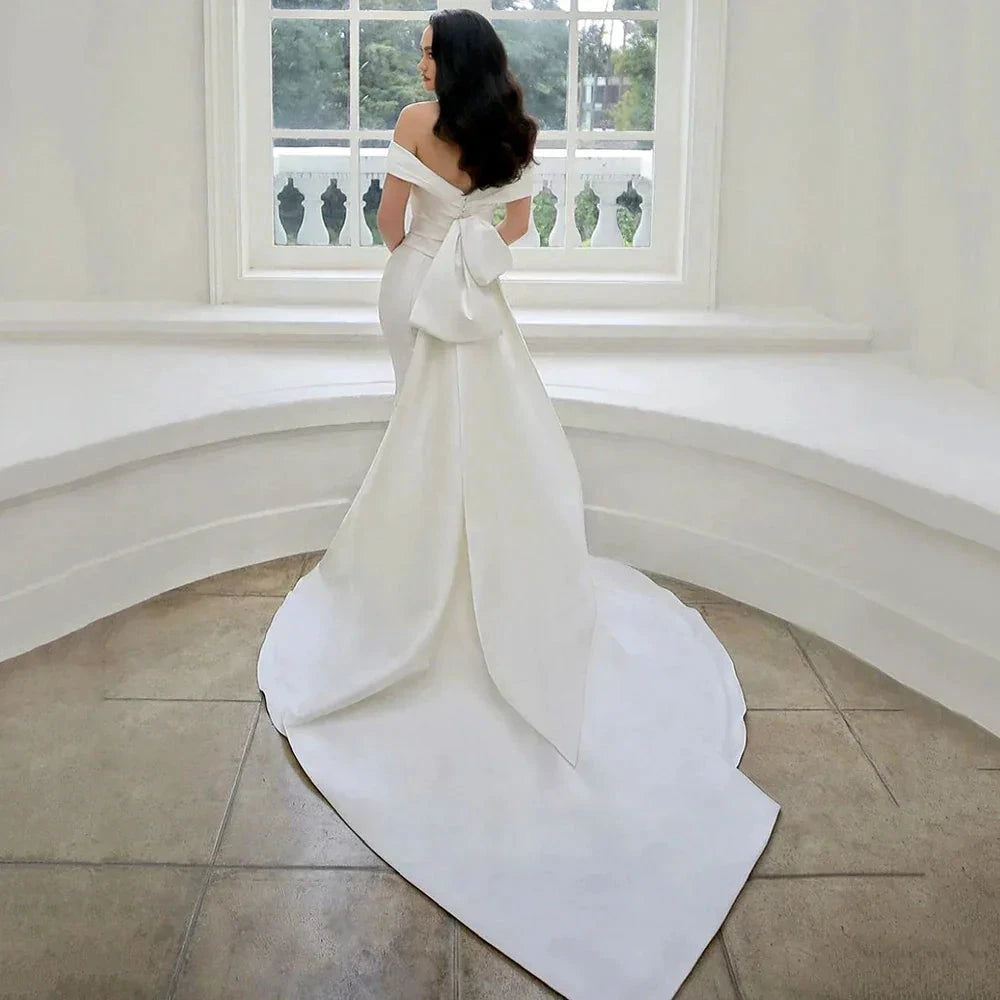 Elegant White Satin Gown with Off the Shoulder Pleated Mermaid Sweep Train Floor-Length Evening Gown for Women vestidos de novia by payinti