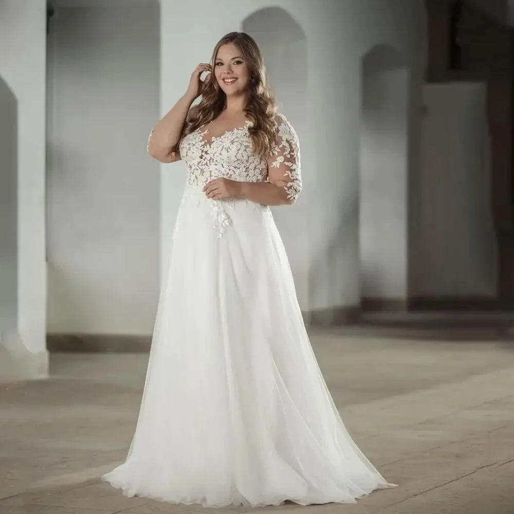 Elegant White V-neck Half Sleeve Bridal Gown Lace Applique Plus Size Floor-Length Wedding Dress for Women vestidos de novia by payinti