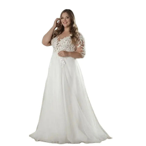 Elegant White V-neck Half Sleeve Bridal Gown Lace Applique Plus Size Floor-Length Wedding Dress for Women vestidos de novia