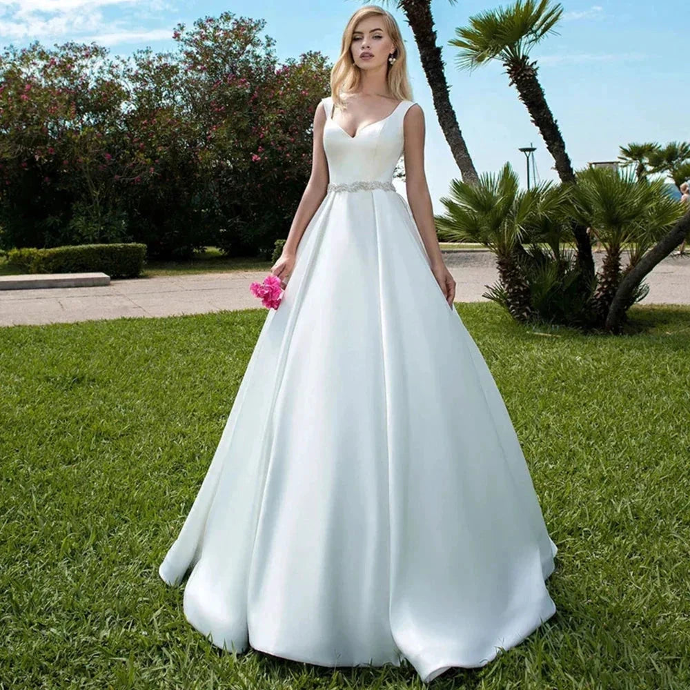 Elegant Women's Wedding Dresses V-Neck Lace Appliques Beads Belt Satin Buttons Back A-Line 2023 Vestido De Noiva Bridal Gowns by payinti