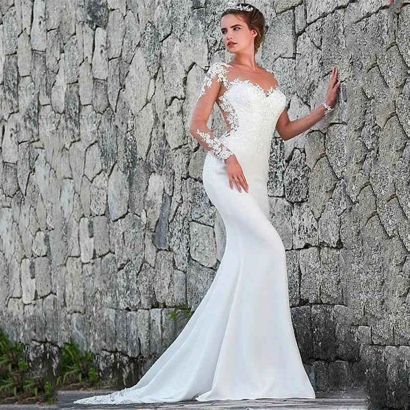 Elegant white bridal gown crew neck Long Sleeve Decal Crystal beaded floor-length long sleeve mermaid wedding dress with train by payinti