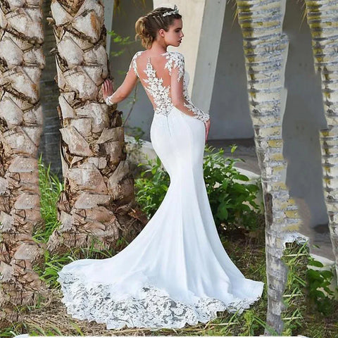 Elegant white bridal gown crew neck Long Sleeve Decal Crystal beaded floor-length long sleeve mermaid wedding dress with train