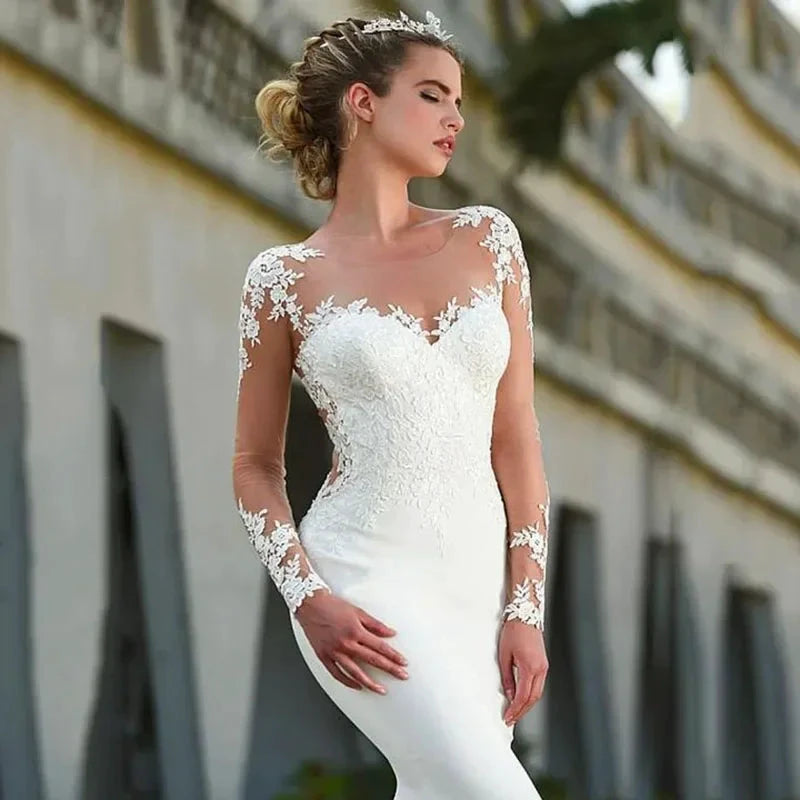 Elegant white bridal gown crew neck Long Sleeve Decal Crystal beaded floor-length long sleeve mermaid wedding dress with train by payinti