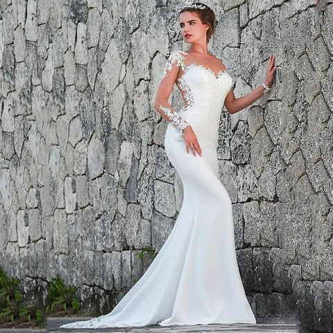 Elegant white bridal gown crew neck Long Sleeve Decal Crystal beaded floor-length long sleeve mermaid wedding dress with train