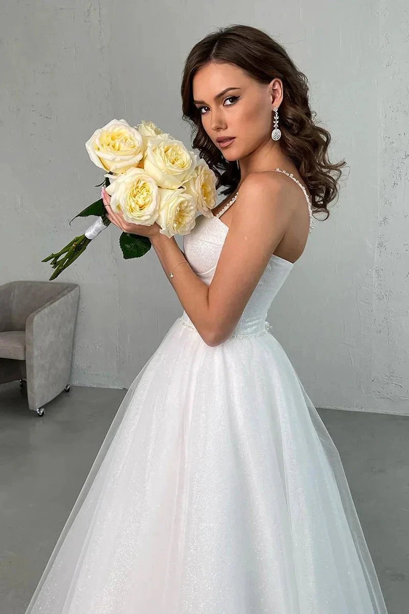 Elegant A-Line Spaghetti Straps Sweetheart Tulle Wedding Dress WD647 by pgmdress