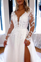 Elegant A-line V Neck Lace Long Sleeves Wedding Dresses WD588 by pgmdress