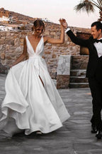 Elegant A-line Satin V-neckline Sweep Train Wedding Dresses WD564 by pgmdress