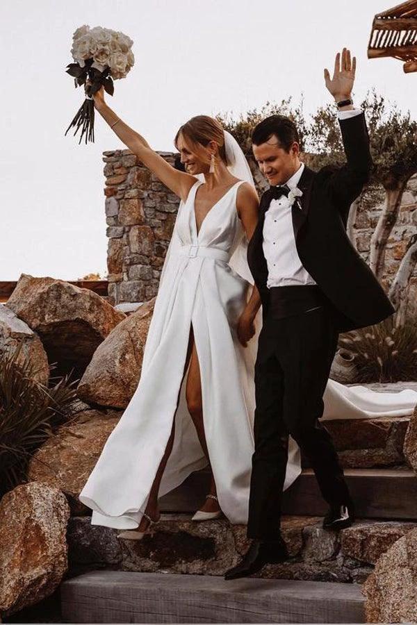 Elegant A-line Satin V-neckline Sweep Train Wedding Dresses WD564 by pgmdress