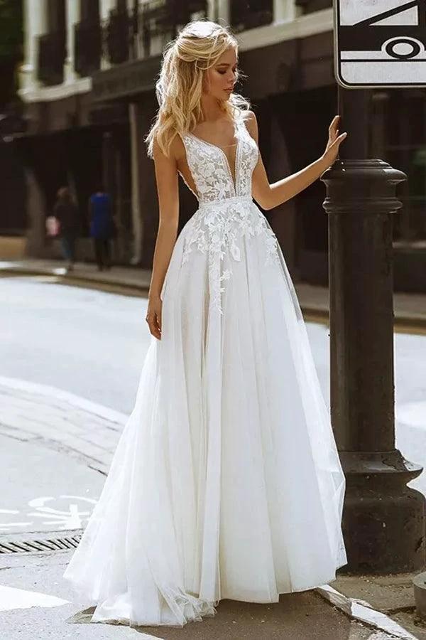 Elegant A-line V Neck Lace Beach Wedding Dresses Bridal Gown WD607 by pgmdress