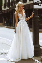Elegant A-line V Neck Lace Beach Wedding Dresses Bridal Gown WD607 by pgmdress