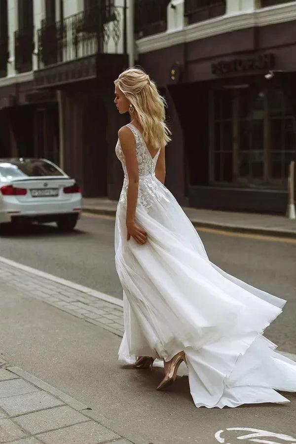 Elegant A-line V Neck Lace Beach Wedding Dresses Bridal Gown WD607 by pgmdress