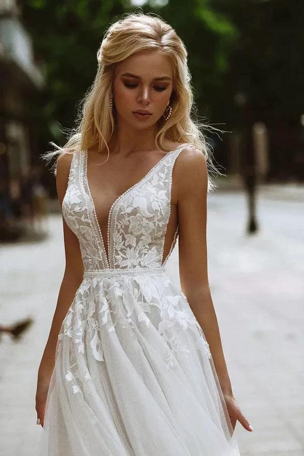 Elegant A-line V Neck Lace Beach Wedding Dresses Bridal Gown WD607 by pgmdress