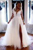 Elegant A-line V Neck Lace Long Sleeves Wedding Dresses WD588 by pgmdress
