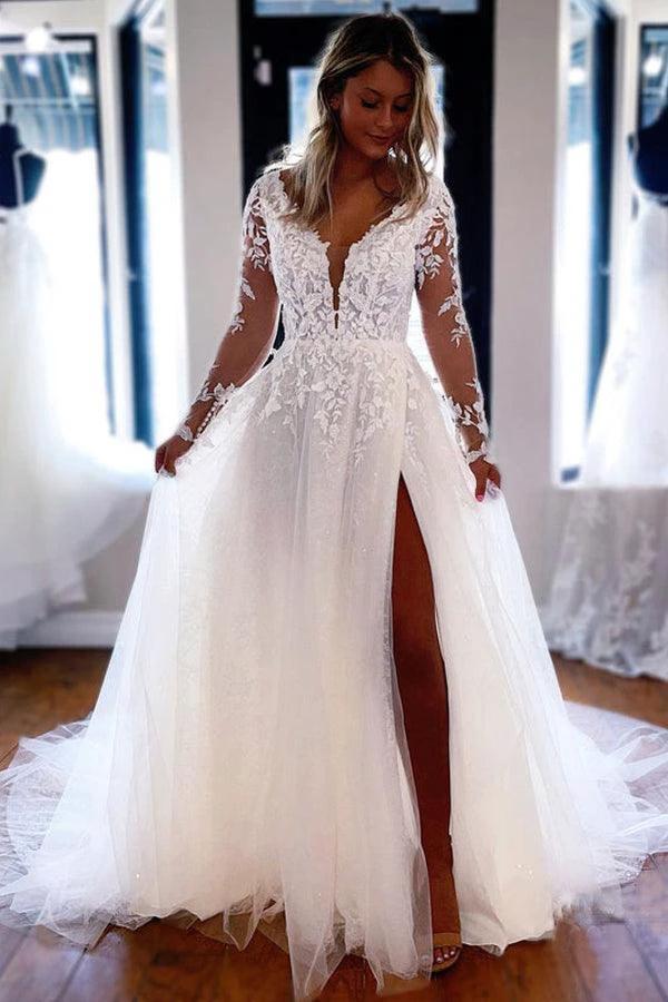 Elegant A-line V Neck Lace Long Sleeves Wedding Dresses WD588 by pgmdress