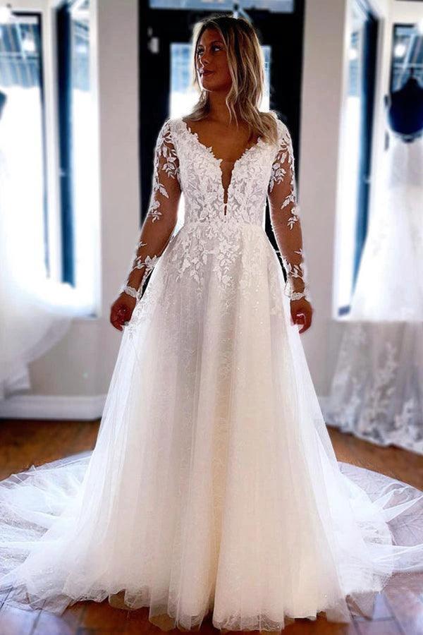 Elegant A-line V Neck Lace Long Sleeves Wedding Dresses WD588 by pgmdress