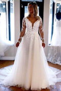 Elegant A-line V Neck Lace Long Sleeves Wedding Dresses WD588 by pgmdress