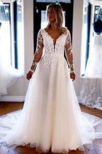 Elegant A-line V Neck Lace Long Sleeves Wedding Dresses WD588 by pgmdress