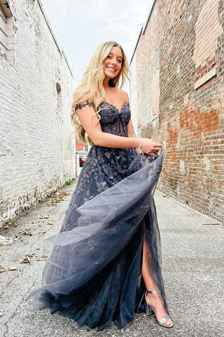 Elegantes A-Linie Herzausschnitt Tüll Spitze Schulterfrei Langes Ballkleid PSK423