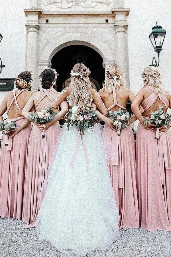 Elegant A Line V Neck Elastic Satin Pink Pleats Long Bridesmaid Dresses BD084 by pgmdress
