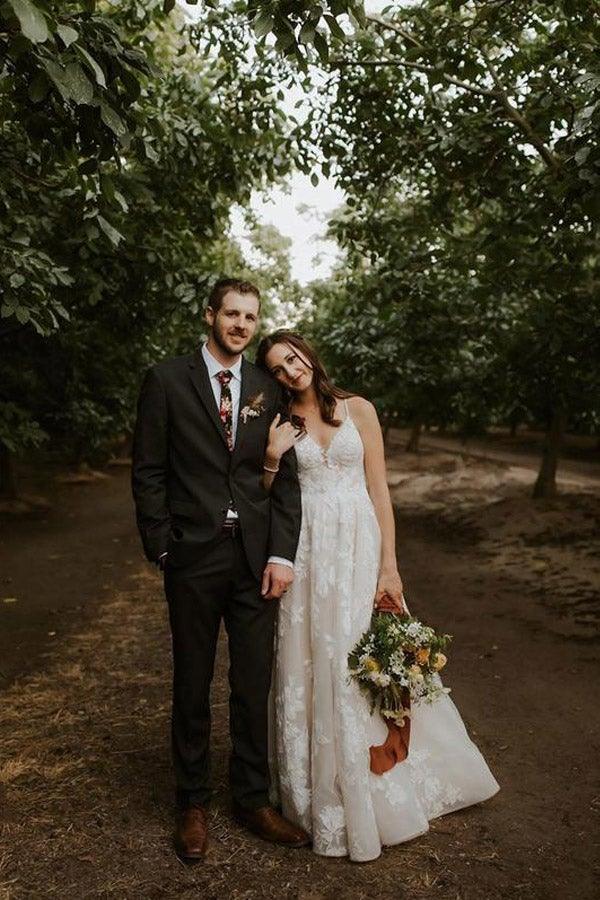 Elegant Appliqued Straps V-Neck Backless A-line Wedding Dresses  WD552 Hover Image