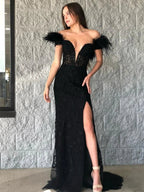 Elaina |Mermaid Deep V Neck Feather Lace Long Prom Dress by KissProm