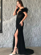 Elaina |Mermaid Deep V Neck Feather Lace Long Prom Dress by KissProm