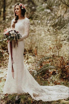 Elegant Lace Mermaid Round Neck Long Sleeves Wedding Dresses WD638 by pgmdress