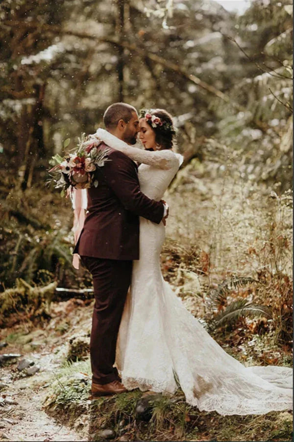 Elegant Lace Mermaid Round Neck Long Sleeves Wedding Dresses WD638