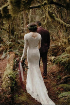 Elegant Lace Mermaid Round Neck Long Sleeves Wedding Dresses WD638 by pgmdress