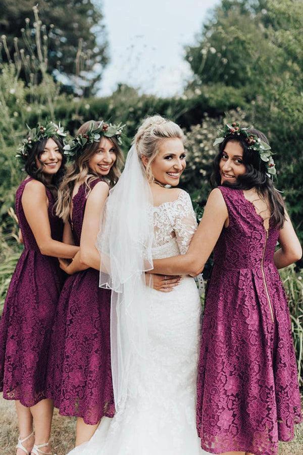 Elegant Lace V-Neckline Tea-length A-line Bridesmaid Dress BD094 by pgmdress