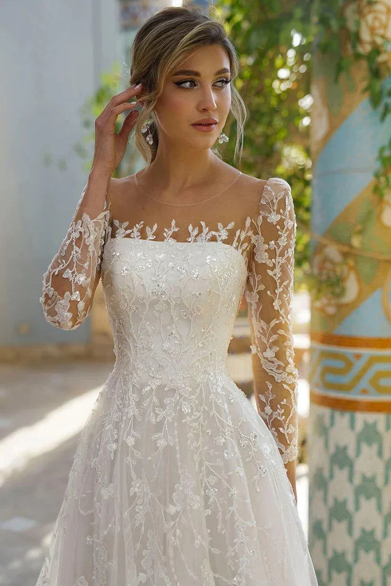 Elegant Long Sleeves Scoop Neck Lace Appliques Beach Wedding Dress WD681
