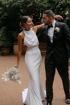 Elegant Mermaid Halter Modest Wedding Dress Simple Bridal Gown WD738